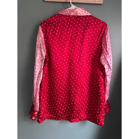Vintage 50s Pink and Red Heart Satin Button Down Long Sleeve Blouse - Picture 4 of 6